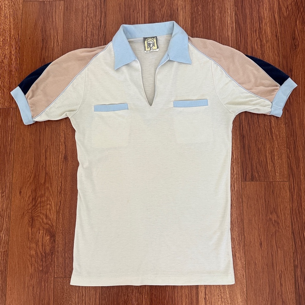 Vintage Mens Medium Gremlin Polo Shirt Retro Fitted Beige Tan Blue